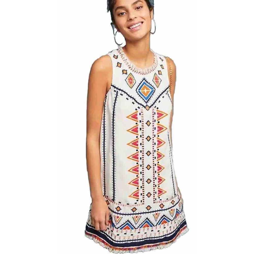 Anthropologie Cream Embroidered Mini Dress with Multicolor Aztec Motif